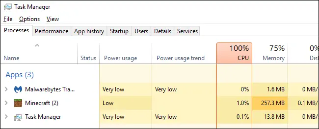 نمایش مصرف برق و باتری نرم‌افزارها در Task Manager ویندوز ۱۰ با ستون Power usage
