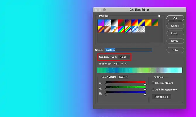 آموزش طراحی طیف رنگ و ترسیم انواع گرادیان رنگ خطی، دایره‌ای و غیره در فتوشاپ
