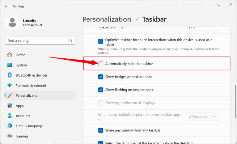نحوه فعال کردن مخفی شدن taskbar در ویندوز 11 به صورت خودکار