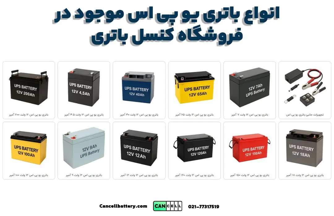 انواع باتری یو پی اس 12 ولت با ظرفیت‌های مختلف شامل 7 آمپر، 9 آمپر، 12 آمپر، 40 آمپر، 65 آمپر، 100 آمپر، 120 آمپر، 150 آمپر و 200 آمپر در فروشگاه کنسل باتری