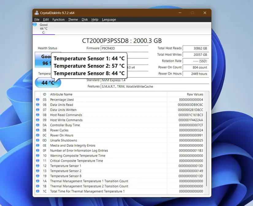 نمایش دمای SSD در نرمافزار CrystalDiskInfo
