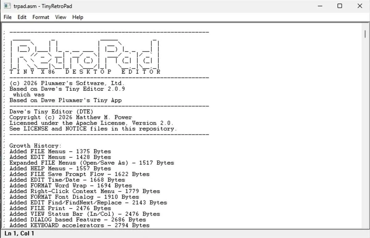 معرفی TinyRetroPad؛ نوت پد کم حجم ویندوز ۱۱ با حجم کمتر از ۳ کیلوبایت